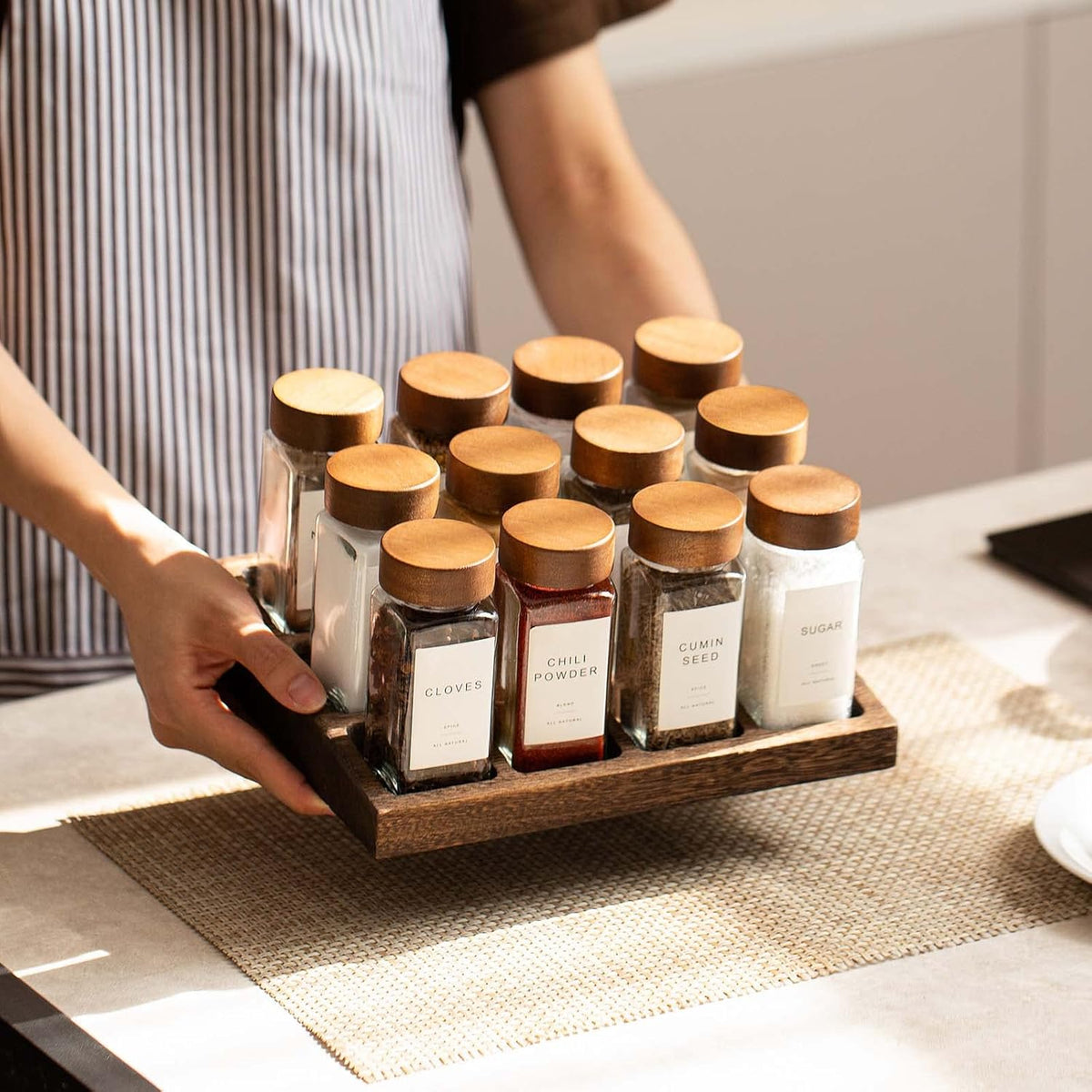 Yangbaga 24Pcs Glass Spice Jars with Labels-4oz Acacia Wood Lid Square Spice Containers and 2pcs Rack with Pepper Grinder Lids &Funnel,Seasoning Jars for Rack Cabinet Drawer