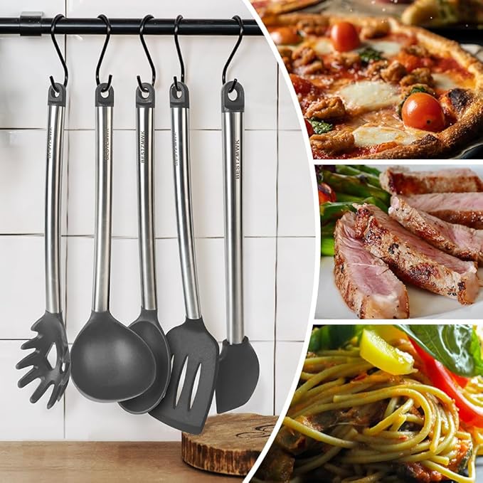 Kitchen Utensil Set-Silicone Cooking Utensils-33 Kitchen Gadgets & Spoons for Nonstick Cookware-Silicone and Stainless Steel Spatula Set-Best Kitchen Tools, Useful Pots (Grey)