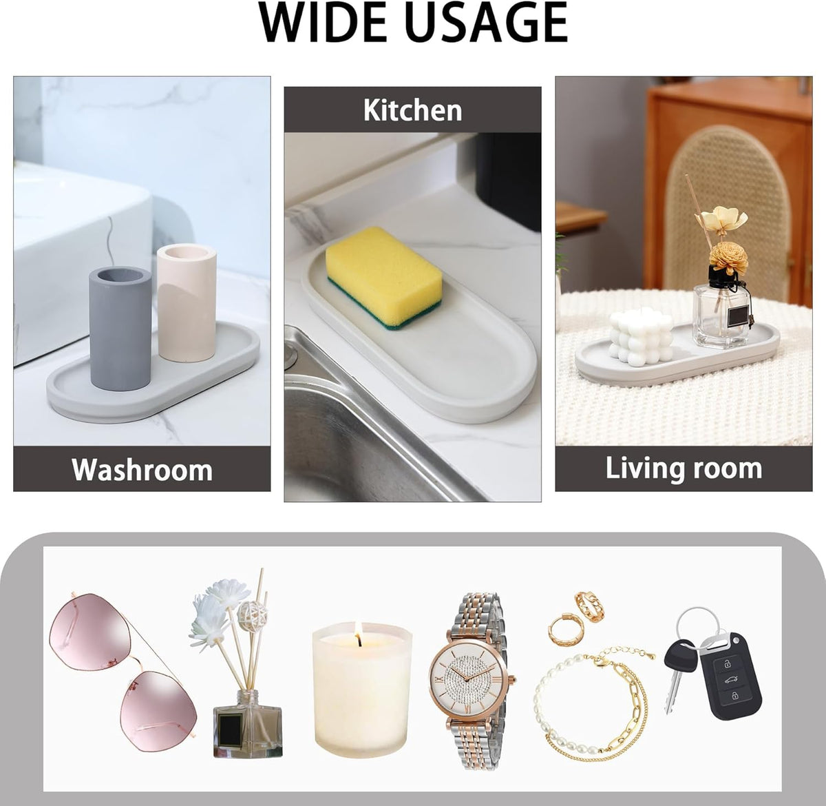 Diatomite Sink Caddy for Kitchen Organizer, Quick Dry Holder for Sponge, Dish, Brush, Bathroom Soap, Toothbrush - Fast Absorbing Stone Tray (Grey, 11" x 5")