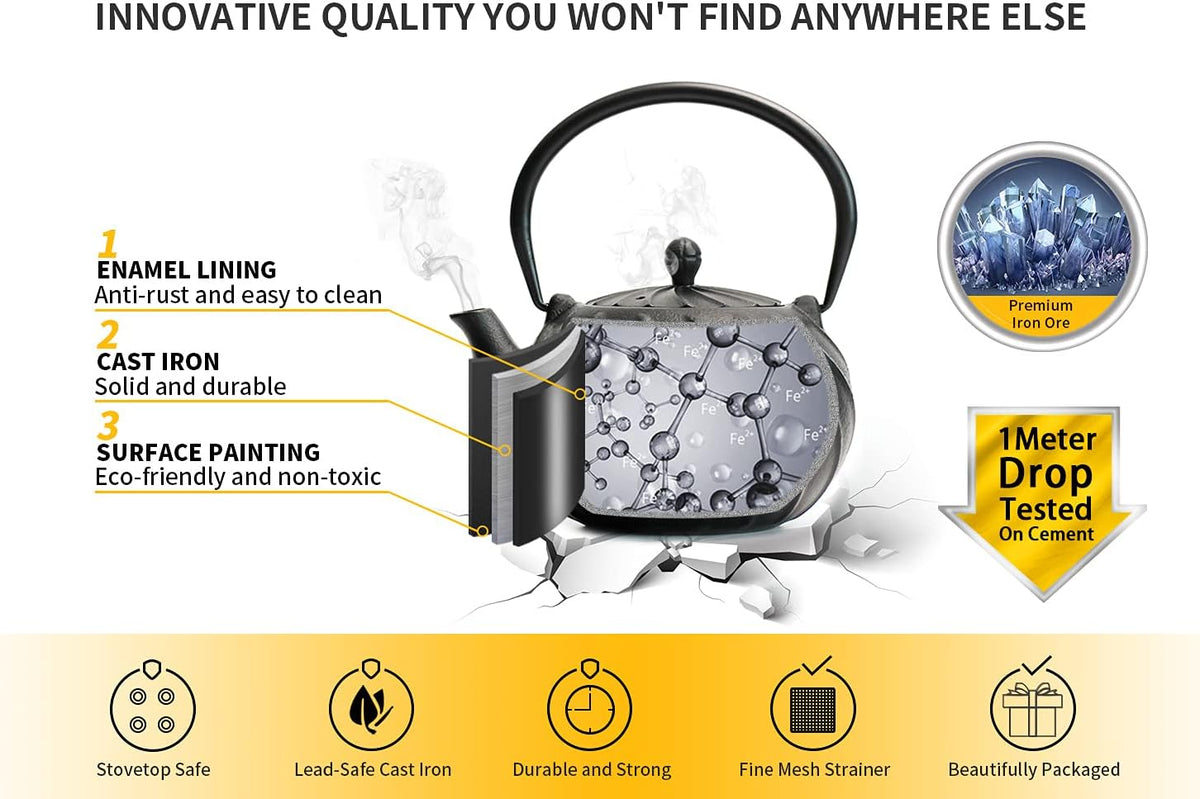 Tea Kettle, TOPTIER Japanese Cast Iron Teapot with Infuser, Cast Iron Tea Kettle Stovetop Safe, Wave Design Teapot Coated with Enameled Interior for 30 Ounce (900 ml), Midnight Black