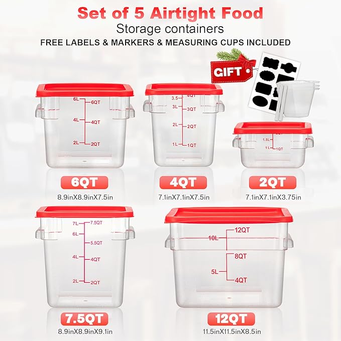 2QT&4QT NSF Food Storage Containers with Lids: 4 PCS [Total Food Grade][Hot&Cold Resistant] Commercial Clear Food Storage Containers for Restaurant Kitchen Proof Dough (Red)