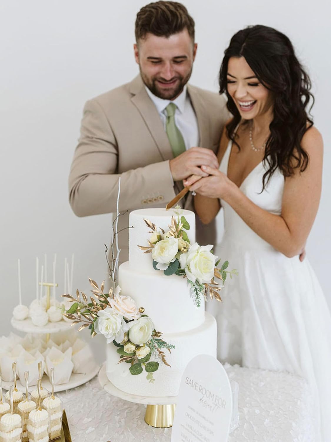 Rinlong 3Pcs Pre-made Cake Toppers Flowers Cake Decorations Wedding Cake Decorating Flowers Decor Christening Birthday Baptism Baby Shower Party Cake Topper Flower Arrangements White Gold