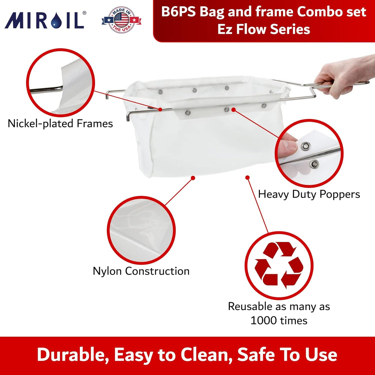 MirOil B6PS Fryer Filter Bag & Frame Combo, Extends Grease Life, Handles Hot & Cold Cooking Oil & Filters Up to 70 Lb. Polishing Oil, Maintain Quality & Taste of Fried Foods, Reduce Grease Contaminant