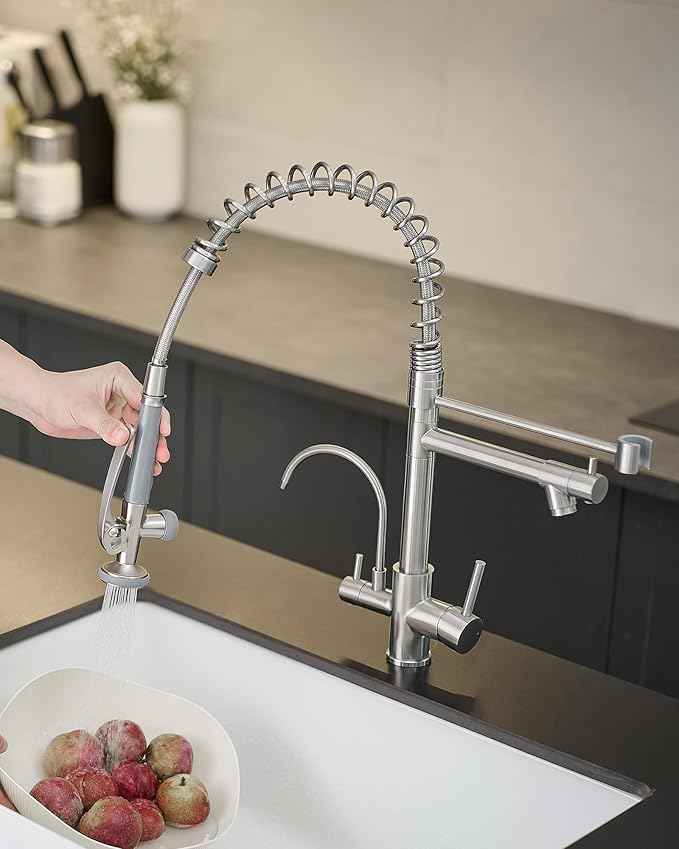 Fapully Commercial 3 Way Kitchen Faucets with Pull Down Sprayer and Water Filler,3 in 1 Kitchen Sink Faucet with Drinking Water Faucet Brushed Nickel