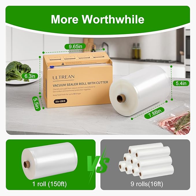 Ultrean 8" x 150' Vacuum Seal Roll Keeper with Cutter, Commercial Grade Vacuum Sealer Bags for Food Saver,BPA Free,Ideal for Storage,Meal Prep and Sous Vide