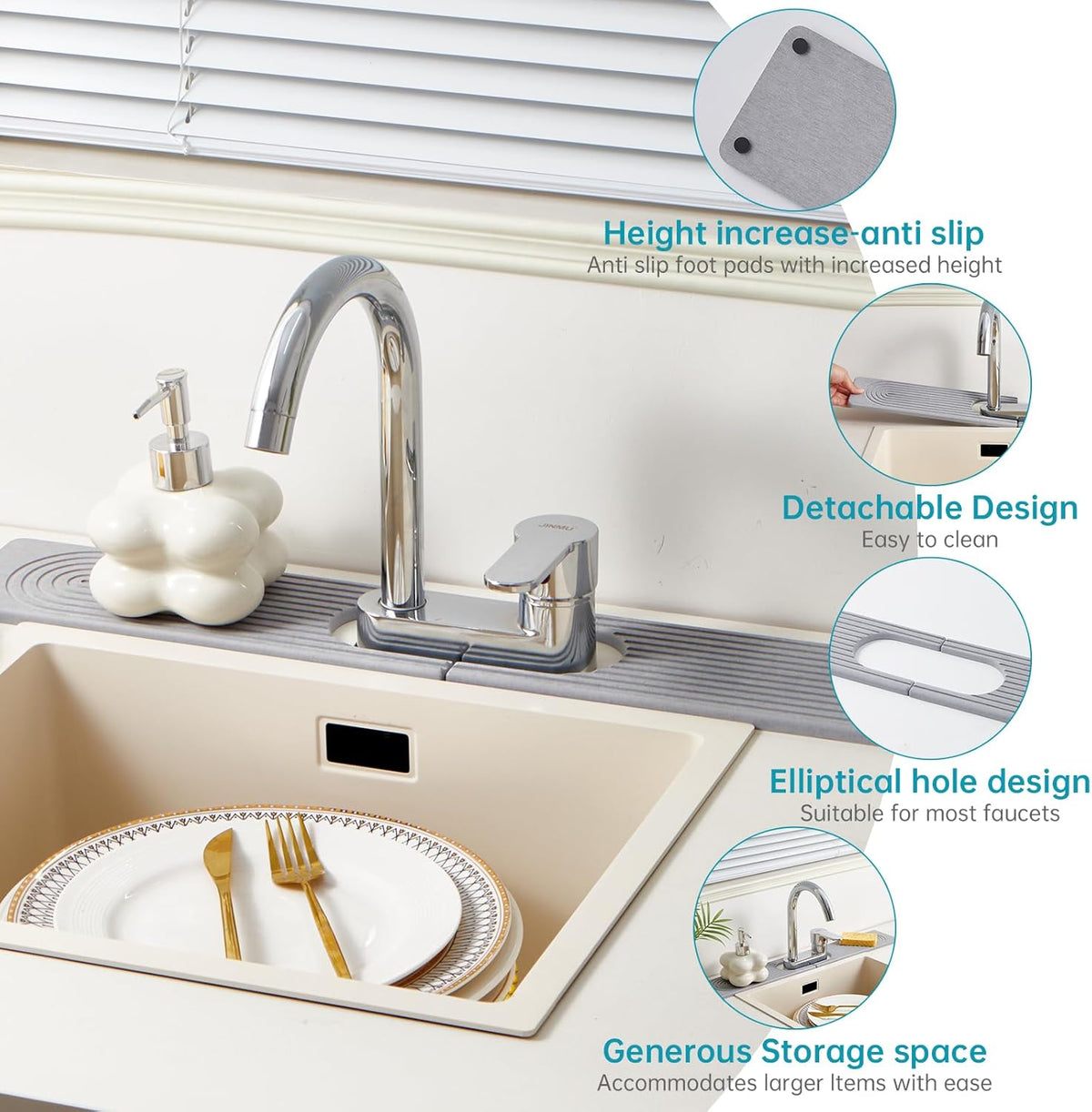 Stone Faucet Mat for Kitchen Sink with Oval Hole – 23.6" × 3.9" Diatomite Drying Stone Mat & Sink Protector, Quick-Dry Splash Guard Water-Absorbing Tray for Bathroom Counter（Gray.23.6" x 3.9"