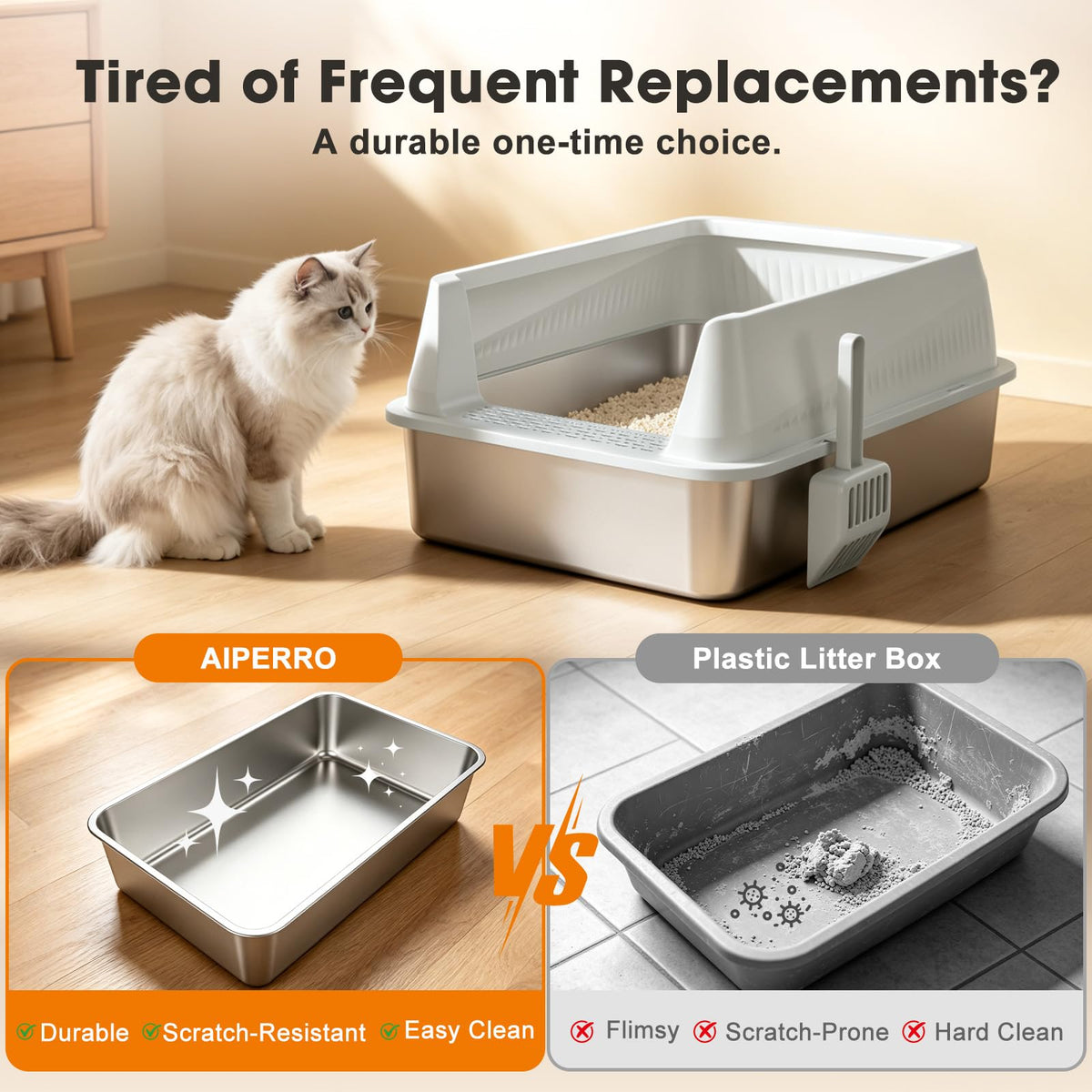 AIPERRO Stainless Steel Litter Box with Lid, High Sided Cat Litter Box