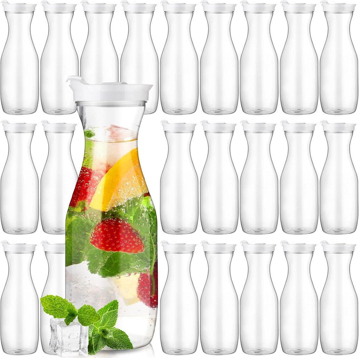Gejoy 24 Pcs Plastic Water Carafe with Lids 32 oz Clear Juice Pitchers for Mimosa Bar Drinks Milk Iced Tea Beverage Containers for Home Restaurant School Fridge, Not Dishwasher Safe (White Cap)