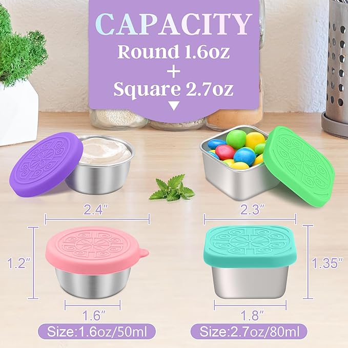 6 PCS Salad Dressing Container to Go,Handy Leakproof Stainless Steel Meal Prep Containers Reusable,Sauce Containers for Lunch Box, Picnics, Travel, Office and Kitchen Storage-1.6oz+2.7oz