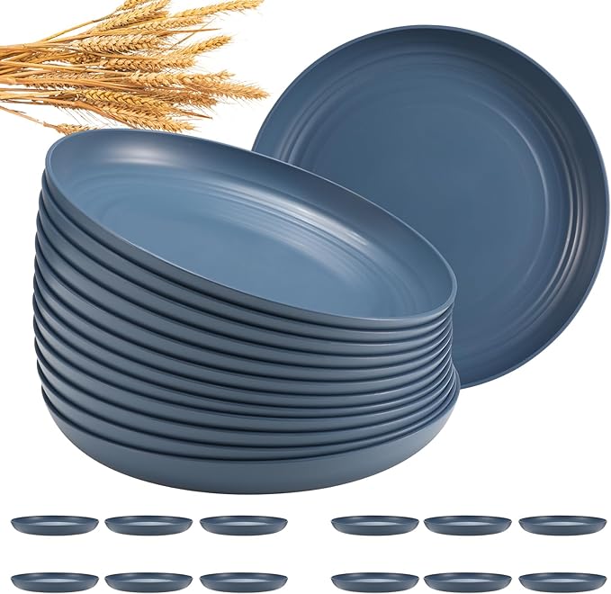 12 Pcs Unbreakable Deep Dinner Plates Set, 10 inch Reusable Plastic Wheat Straw Plates, Microwave and Dishwasher Safe Plate for Kitchen, Lightweight Plate for Dessert, BPA Free, Dark Blue