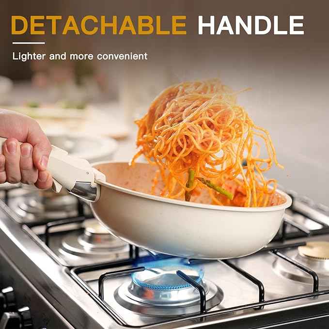 Astercook Ceramic Non-stick Cookware 21 Pcs Pots and Pans Set, Detachable Handle, RV Kitchen Non Stick Cooking Set Removable Handles, Oven Safe, Induction Ready, Stackable, Cream White