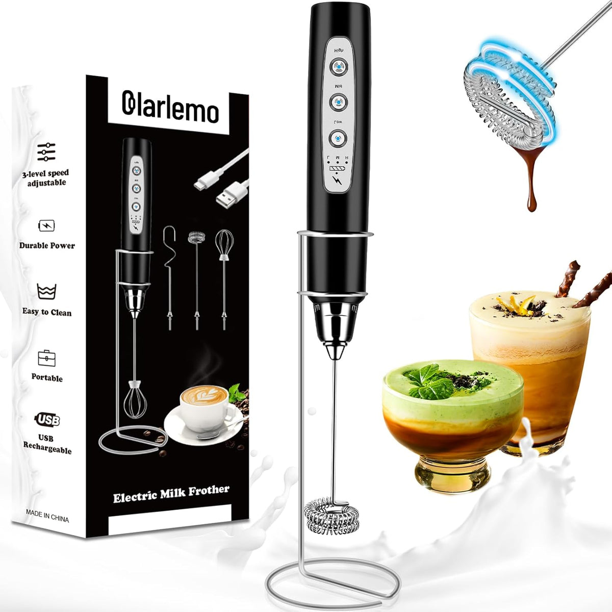 Milk Frother Handheld Rechargeable with Stand, Frother Wand Drink Mixer Electric Whisk for Coffee, Detachable With 3 Stainless Whisks, Hand Mixer for Lattes, Cappuccino, Matcha, Egg, Black
