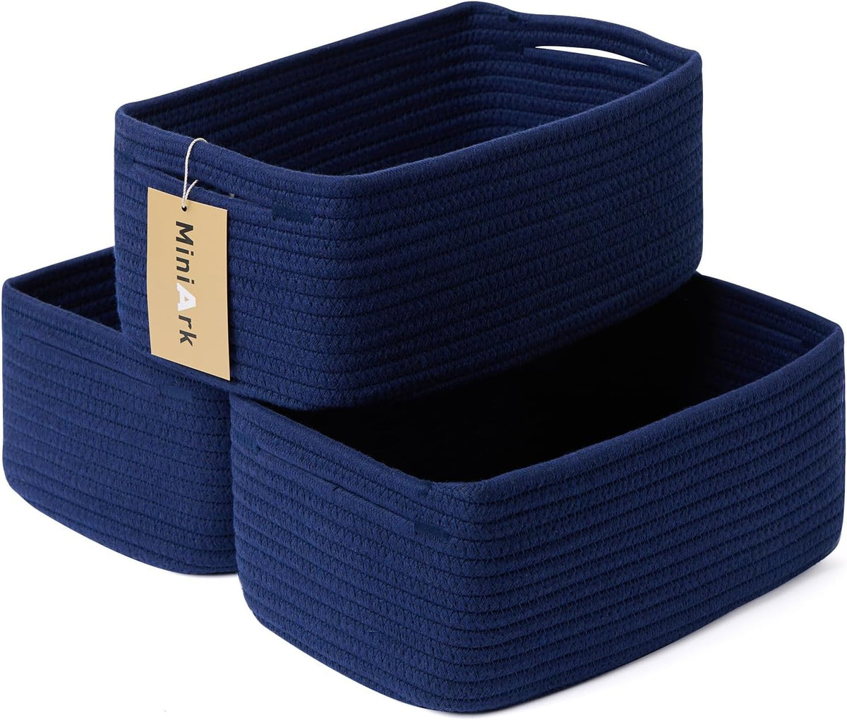 Small Storage Baskets for Organizing | Closet Organizer Bins | Shelf Toy Basket | Woven Rope Baskets | Cube Decorative Box | Shallow Basket | 13x8.5x5.1” | 3 Packs Navy Blue
