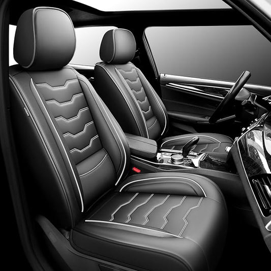 Fit Frontier Car Seat Covers Premium Leather for Nissan Frontier 2009-2025 2026. Waterproof， Breathable, Scratch-Resistant & All-Weather Seat Cushion Protector（Front Seat,White Line Black