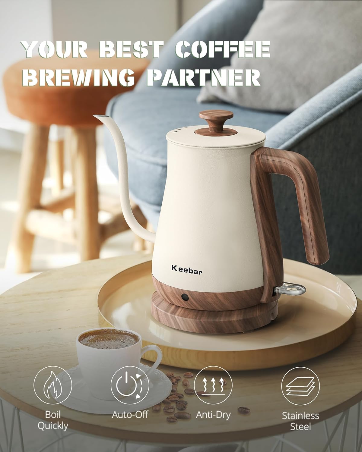 Gooseneck Electric Kettle Beige, 1000W Electric Tea Kettle Stainless Steel, Pour Over kettle for Coffee, Wood-like Grain Finish Handle, Hot Water Kettle, Auto Shut Off, 0.8L, Beige