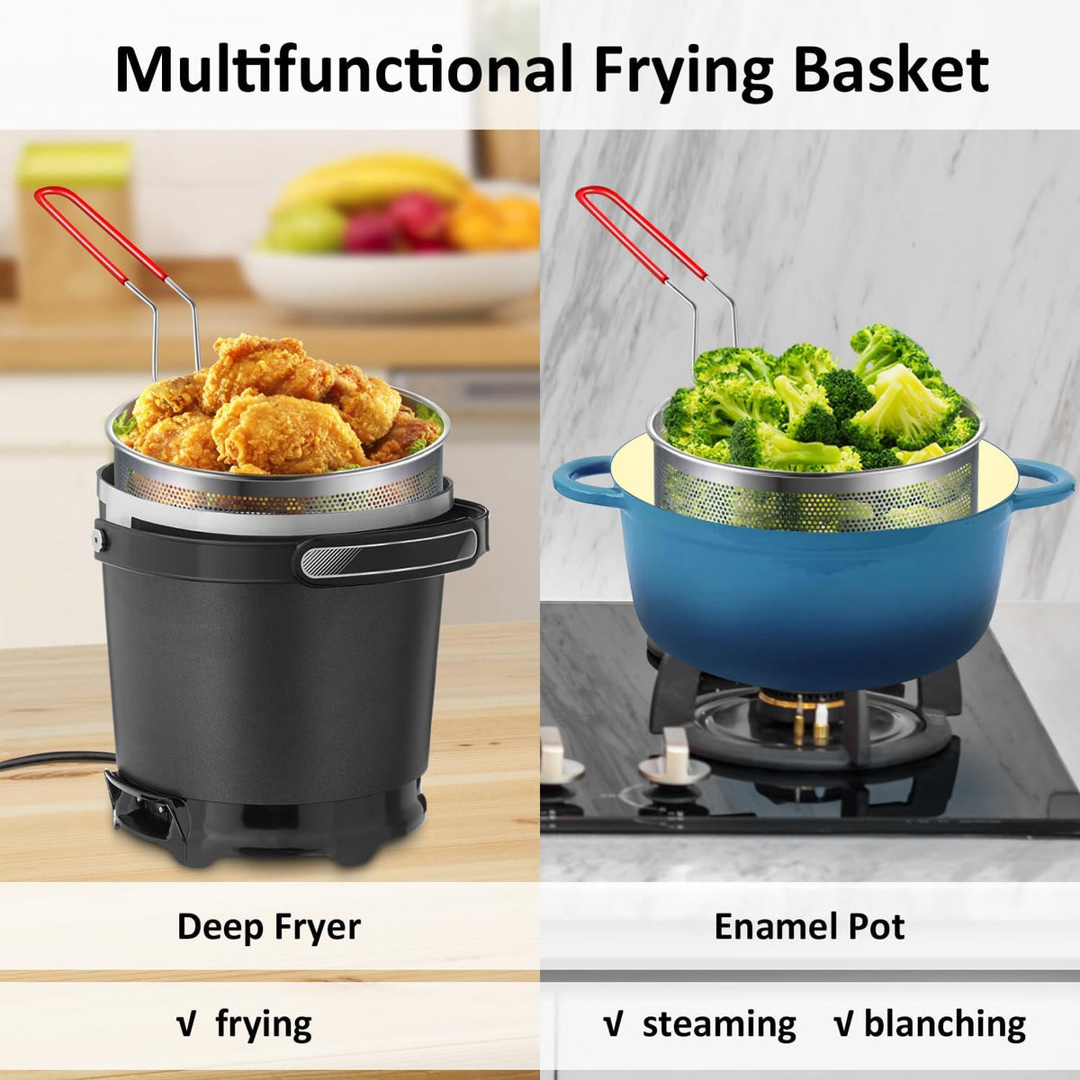 Deep Fryer Basket Only, 7''x4'' Colander with Silicone Handle,Round Stainless Steel Fry Baskets, Heat Resistant for Frying French Fries Cooking Noodles Vegetables, Ideal for Gift, 2.3-Quart