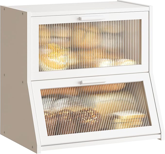 GHWIE Double Layer Bamboo Bread Box for Kitchen Counter,Large Capacity Bread Storage Bin,Bread Container with Acrylic Wavy Door Panel (White, Extra Large)
