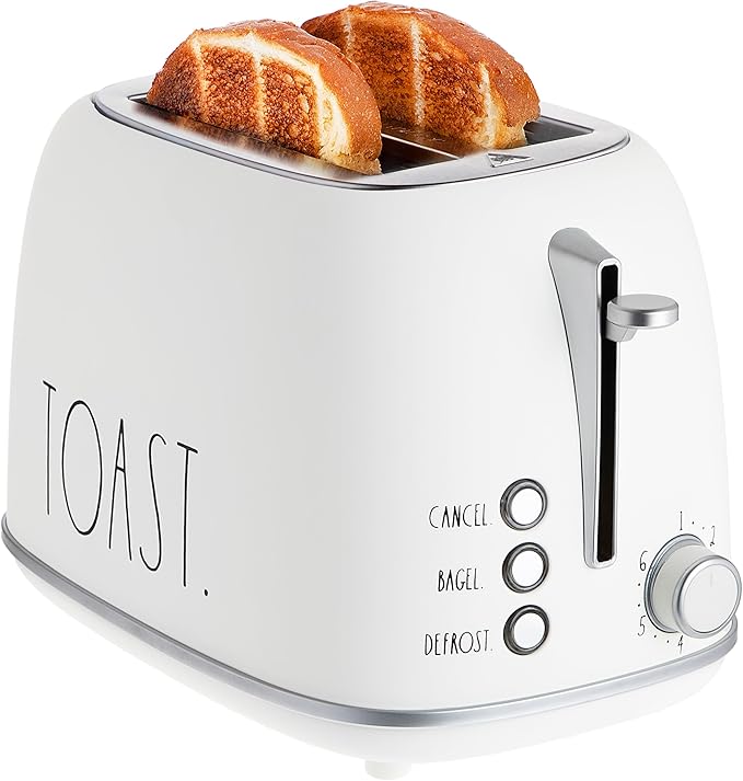Rae Dunn Retro Rounded Bread Toaster, 2 Slice Stainless Steel Toaster with Removable Crumb Tray, Wide Slot with 6 Browning Levels, Bagel, Defrost and Cancel Options, White