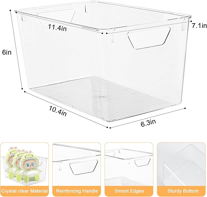 Attelite Clear Plastic Storage Bins,Large 6 Pack Pantry Organizer with Handle,BPA Free Plastic Storage Containers for Fridge,Closet,Bathroom,Under Sink and Kitchen Organization