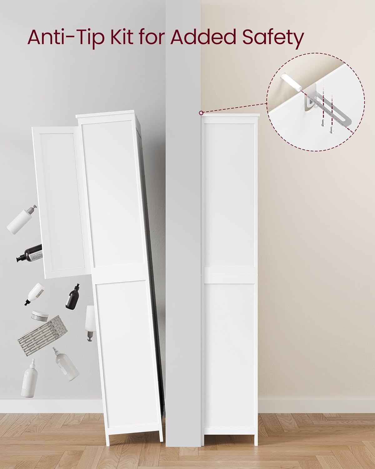 VASAGLE Floor Storage Cabinet, Freestanding Storage Unit with 4 Doors, Adjustable Shelves, 11.8 x 23.6 x 66.9 Inches, for Entryway, Bathroom, Cloud White UBBC550W01