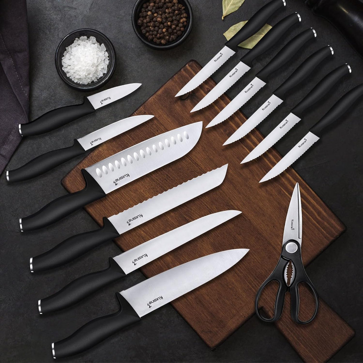 Kuisine Kitchen Knife Set,High Carbon Stainless Steel Ultra Sharp Blade Ergonomic Handle,Knife Set with Block Built-in Sharpener(15PCS,Black)