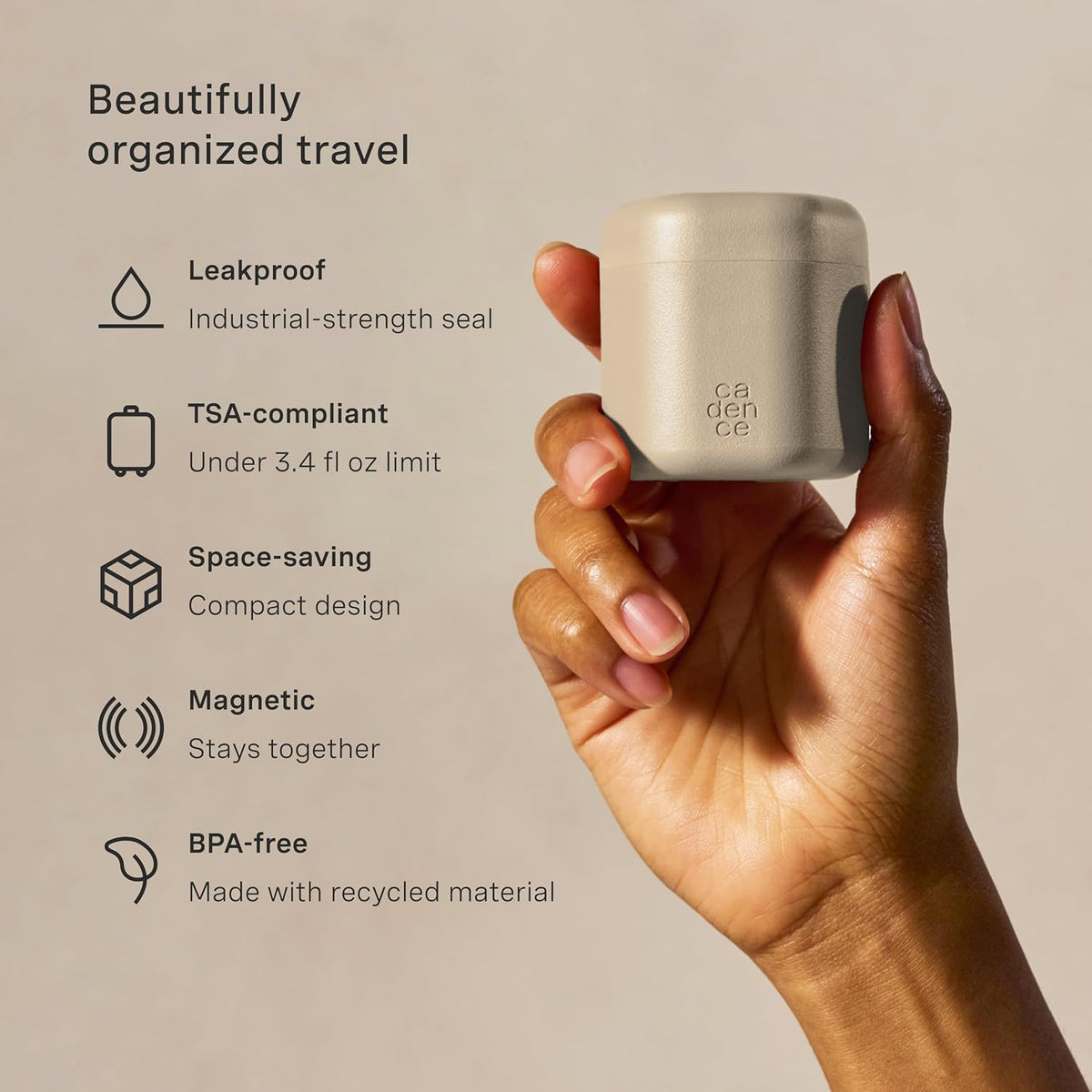 Cadence Travel Containers - Core Skincare Set - Magnetic Containers with Lids,2 Small (0.56oz) & 3 Medium (1.32oz) - Cleanser, Moisturizer, Serum, Makeup Remover & Sun Icon Labels - Sand