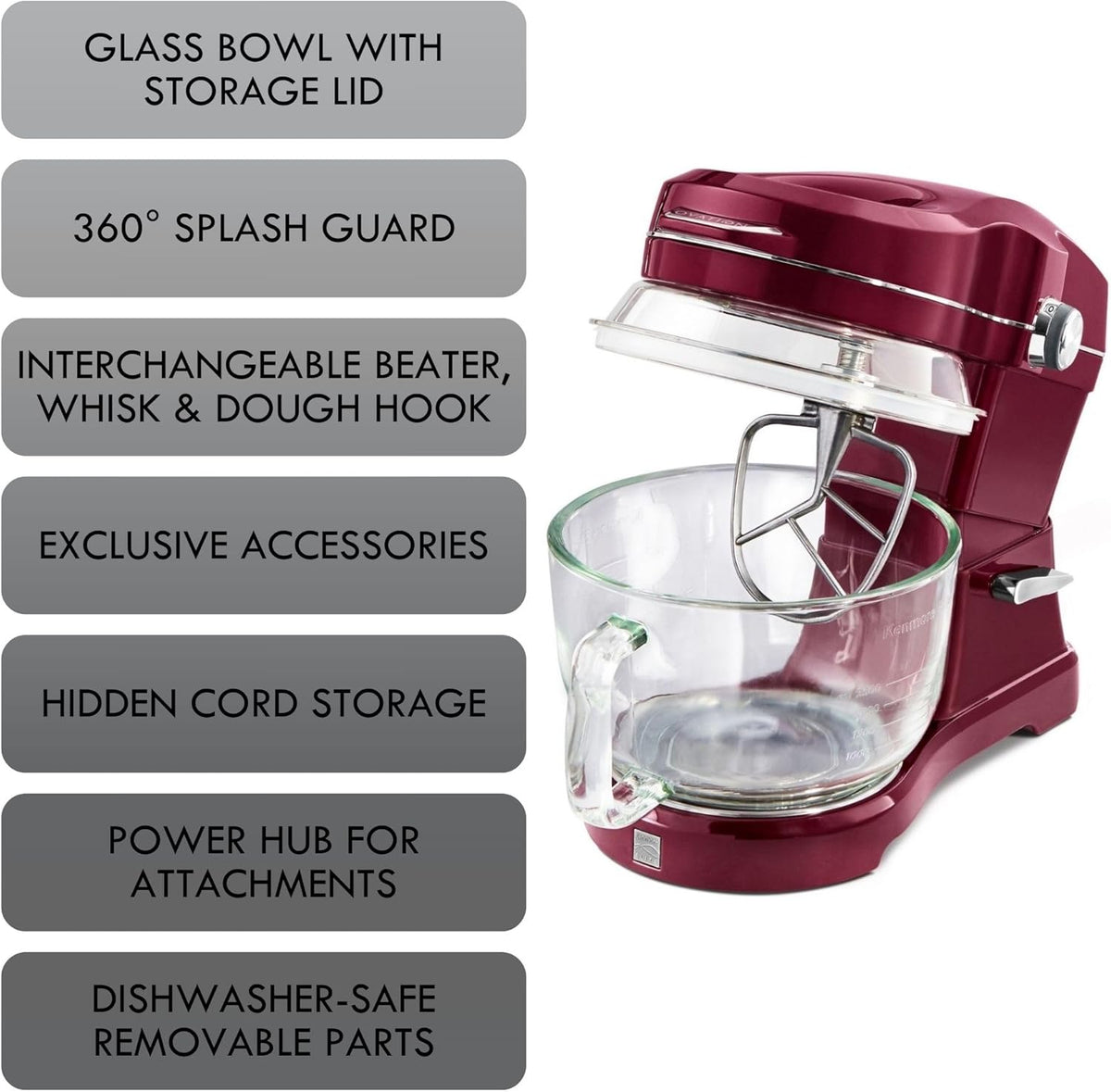 Kenmore 500W Oviation Stand Mixer - 10 Speed Mixing, Tilt-Head, Handheld Glass Bowl With Pouring Top Splash Guard, Flat Beater, Whisk, Dough Hook Attachments Countertop Kitchen Appliance, 5QT Red