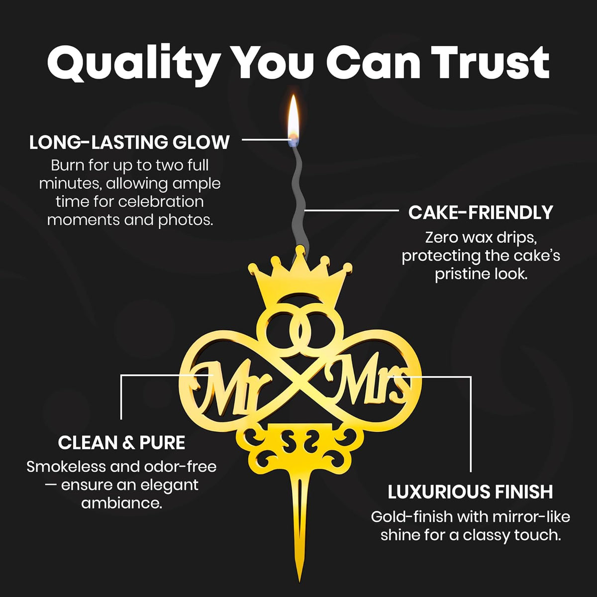 Mr and Mrs Reusable Gold Romantic Cake Candle - Luxury Cake Topper Candle for Birthdays, Weddings & Anniversaries - Reusable Food Safe Acrylic, Shiny Mirror Finish - Happy Birthday Cake Topper Decor