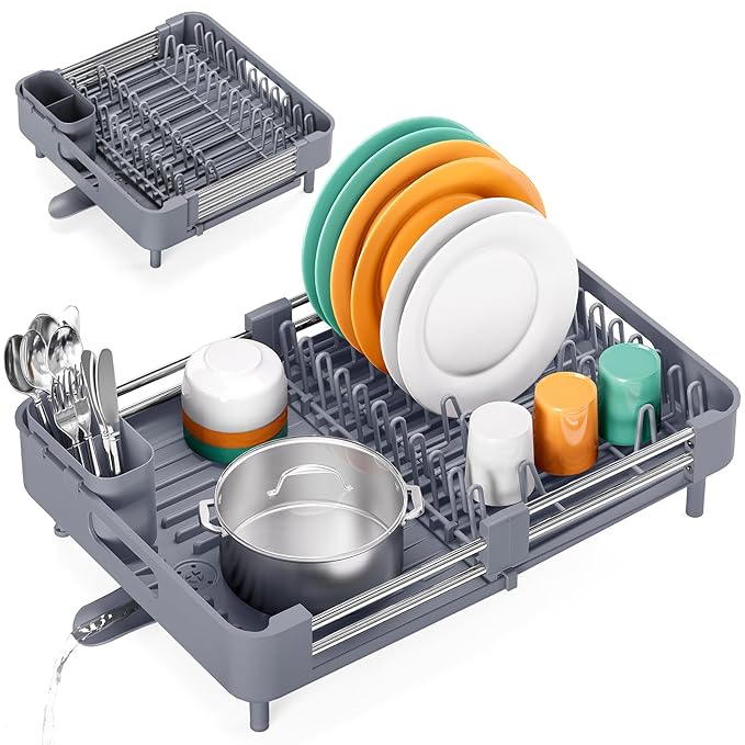 TOOLF Dish Drying Rack, Expandable Dish Rack for Kitchen Counter, Anti-Rust Dish Drainer, Sink Organization and Storage Essentials with Cutlery & Cup Holder, Gray