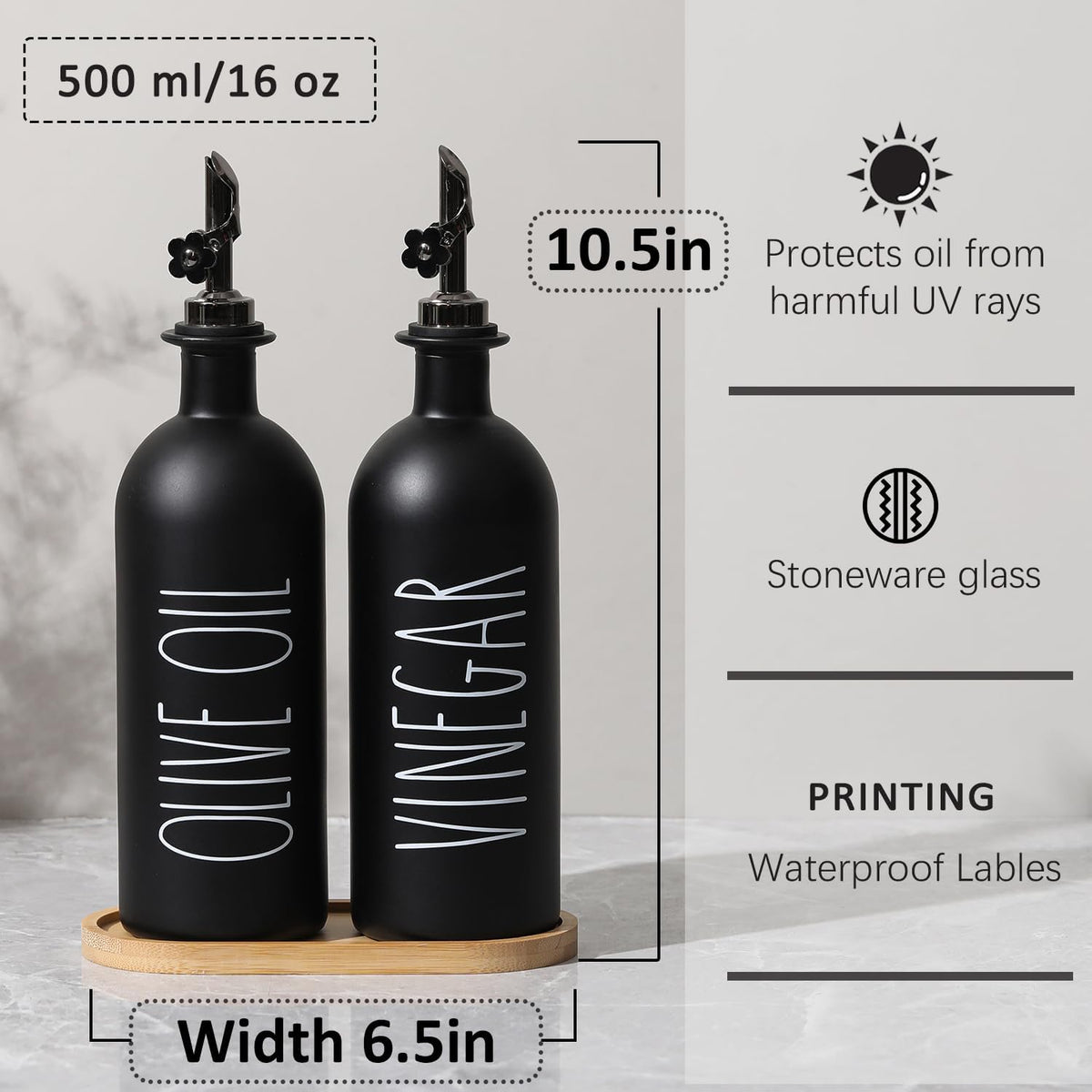 HOMCDALY 16oz Olive Oil Dispenser Bottles for Kitchen, Glass Black Oil&Vinegar Dispenser Set, Kitchen Olive Oil Bottles with Bamboo Tray| Set of 2 (16oz-P-Black)