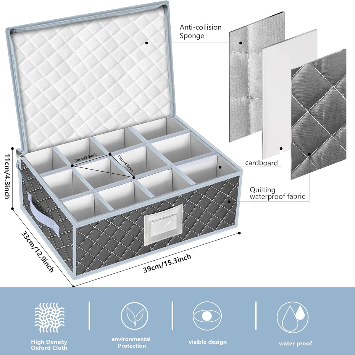 VERONLY Mug and Cup Storage Box with Dividers - 2 Pack China Storage Bin Containers Holds 24 Glassware, Stackable Coffee Mug Organizer Bin and Tea Cup with 2 Metal Zipper,Label and Handles (Grey)