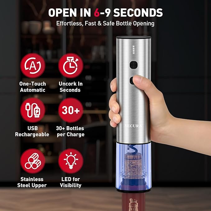 Secura Rechargeable Electric Wine Opener Set, 4-in-1 Wine Set with Electric Corkscrew Wine Opener, Electric Wine Aerator & Dispenser, Foil Cutter, Vacuum Wine Stopper for Wine Lovers, Silver