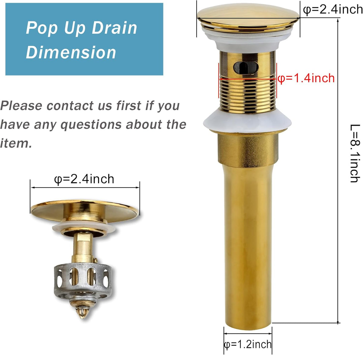 Bathroom Sink Drain, 5 Pack Gold Drain Stopper Bathroom Sink with Overflow, Pop Up Drain Assembly with Detachable Strainer Basket, Built-in Anti-Clogging Strainer,Stainless Steel