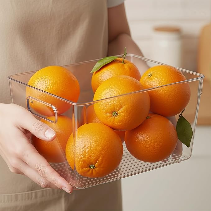 Clear Pantry Organizer Bins, Storage Containers & Plastic Containers with Handle, Cabinet Organizer, Home Organization Must Haves for Kitchen, Laundry Room, Office, Closet & Freezer (6 Pack)