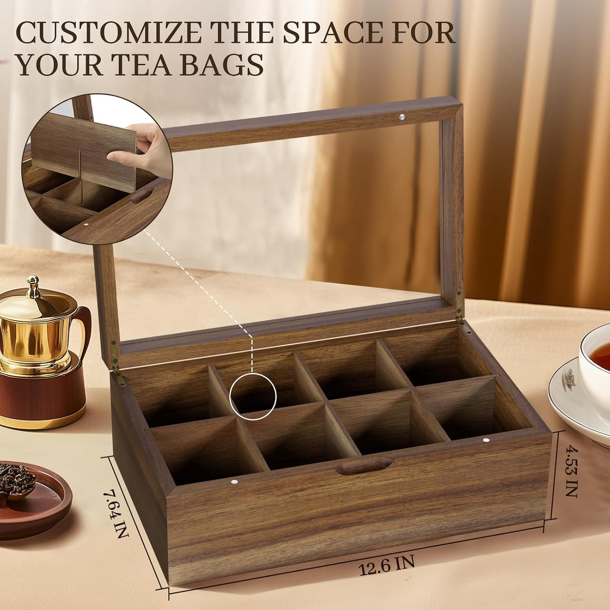 Acacia Wood Tea Bag Organizer, 8 Compartments Tea Box Organizer Storage Box, Teabag Holder Organizers with Clear Acrylic Window, Magnetic Lid and Removable Dividers