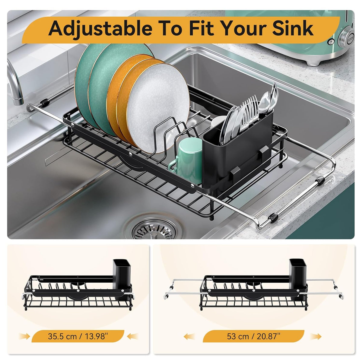 Over the Sink Dish Drying Rack,In Sink Dish Drying Racks,Expandable Dish Rack Over Sink Counter,Adjustable Dish Drainer for Inside Sink with Utensil Holder, Stainless Steel Dish Strainer Compact Size
