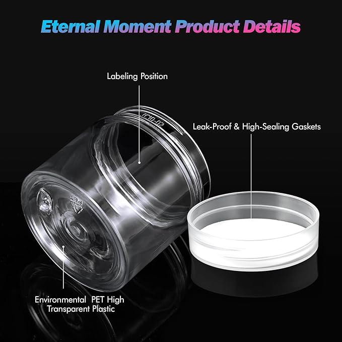 50 Pack 2 OZ Plastic Jars Round Clear Cosmetic Container with Clear Lids, Eternal Moment Slime Jars for Lotion, Cream, Ointments, Makeup, Eye shadow, Rhinestone, Samples, Pot, Travel Storage