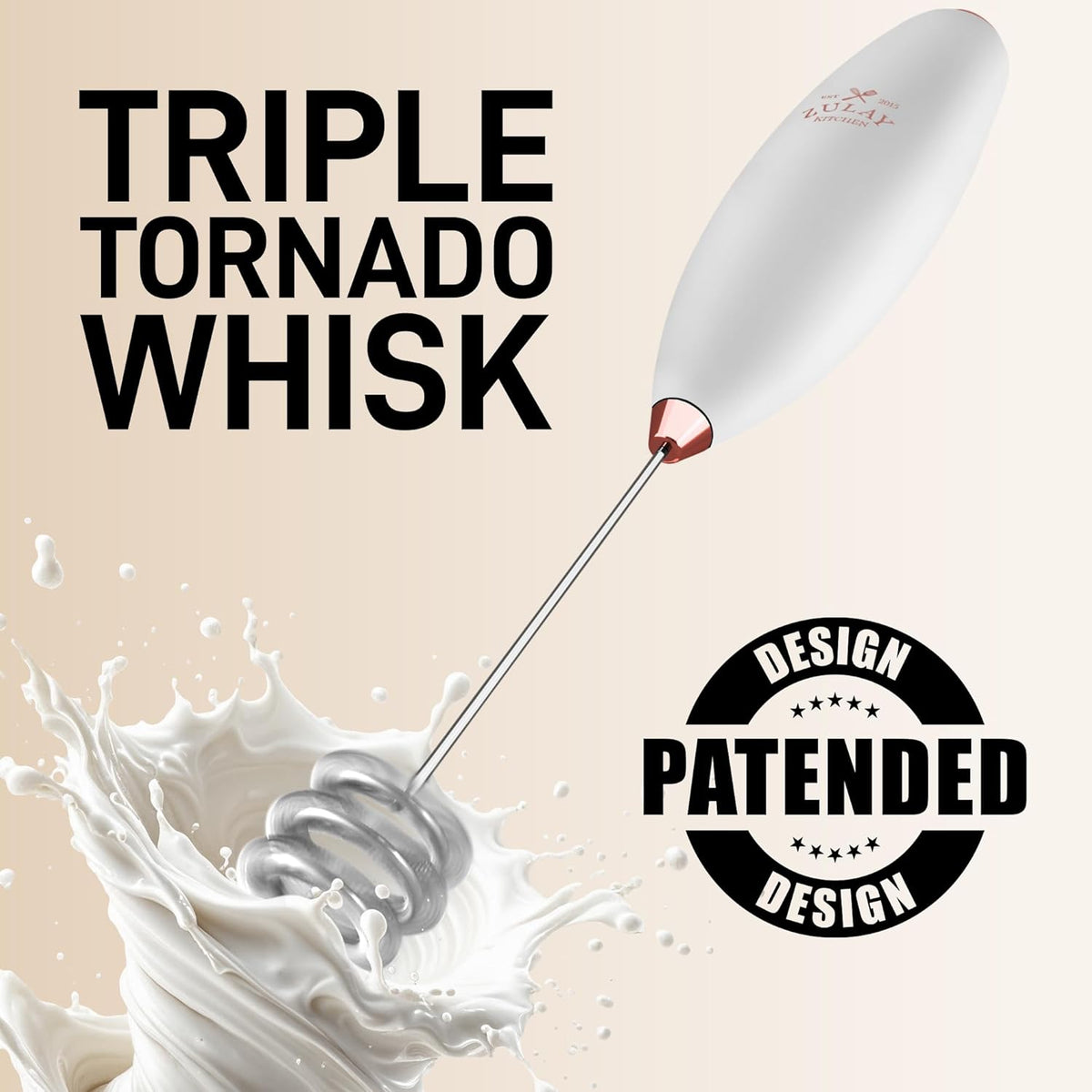 Zulay Kitchen Tornado Whisk Milk Frother with 4 AA Duracell Batteries - Triple Whisk for More Power - Handheld Coffee Frother with Stand - Drink Mixer for Lattes, Matcha & Protein Shakes