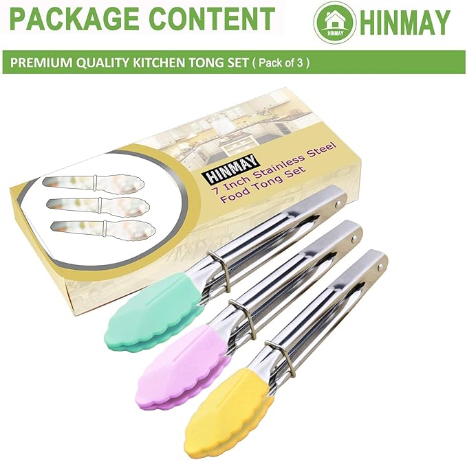 Mini Tongs with Silicone Tips 7-Inch Small Serving Tongs, Set of 3 (Pink Mint Yellow)