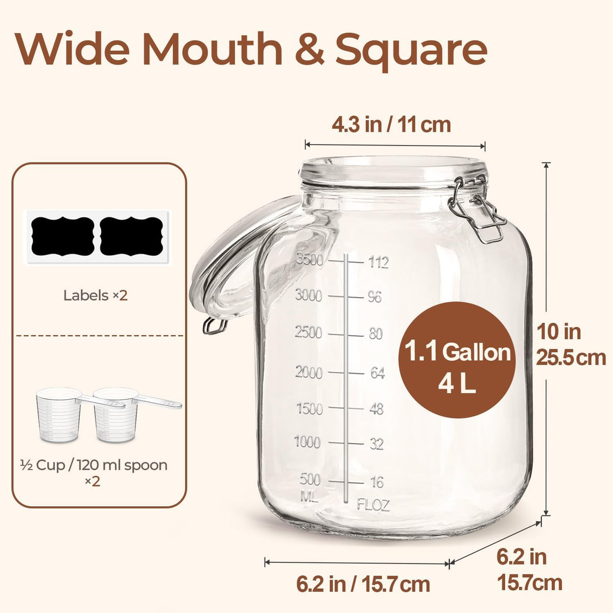 ComSaf Large Glass Storage Containers with Lids, 1.1 Gallon Glass Jar with airtight Lid for Rice, Wide Mouth Mason Jars with Measurement Mark, Flour Sugar Storage Containers 135oz, Set of 2, Square
