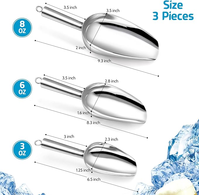 P&P CHEF Canister Scoop Set of 3, Ice Candy Scoop, Stainless Steel Multipurpose Food Scooper for Buffet Jar Freezer, Mirror Finish & Dishwasher Safe, Silver, 3+6+8 Oz