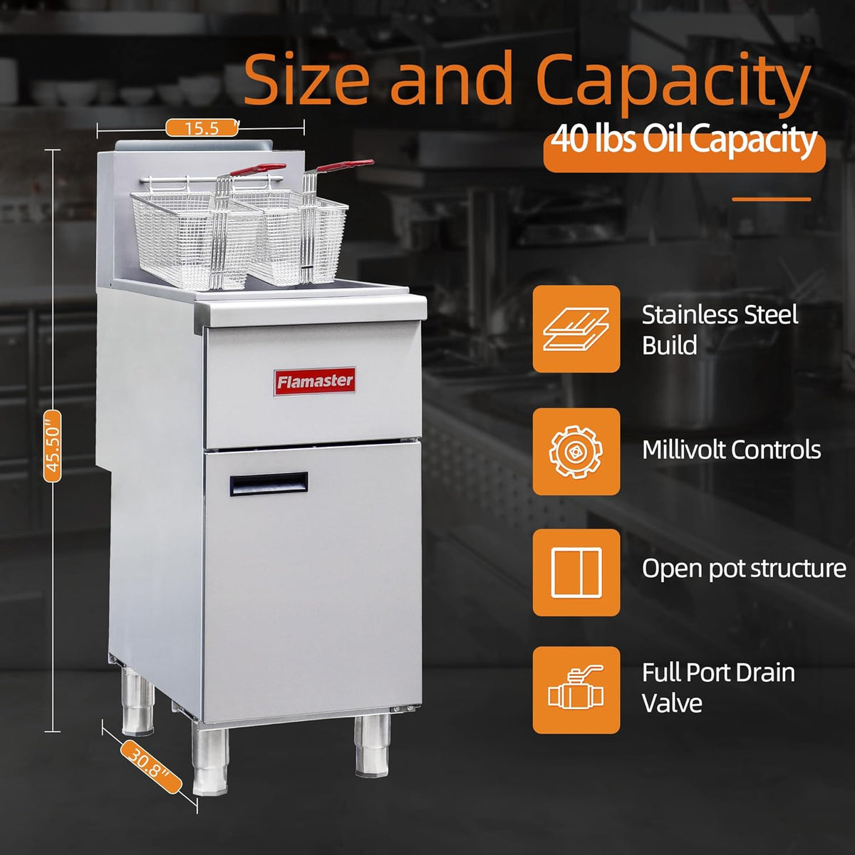 Commercial Open Pot Fryer with 2 Baskets, 100000 BTU 40-50 Lbs Oil Capacity Liquefied Gas Fryer (Propane), Only Commercial Use Deep Fryer for Restaurants, Food Trucks-Floor Standing