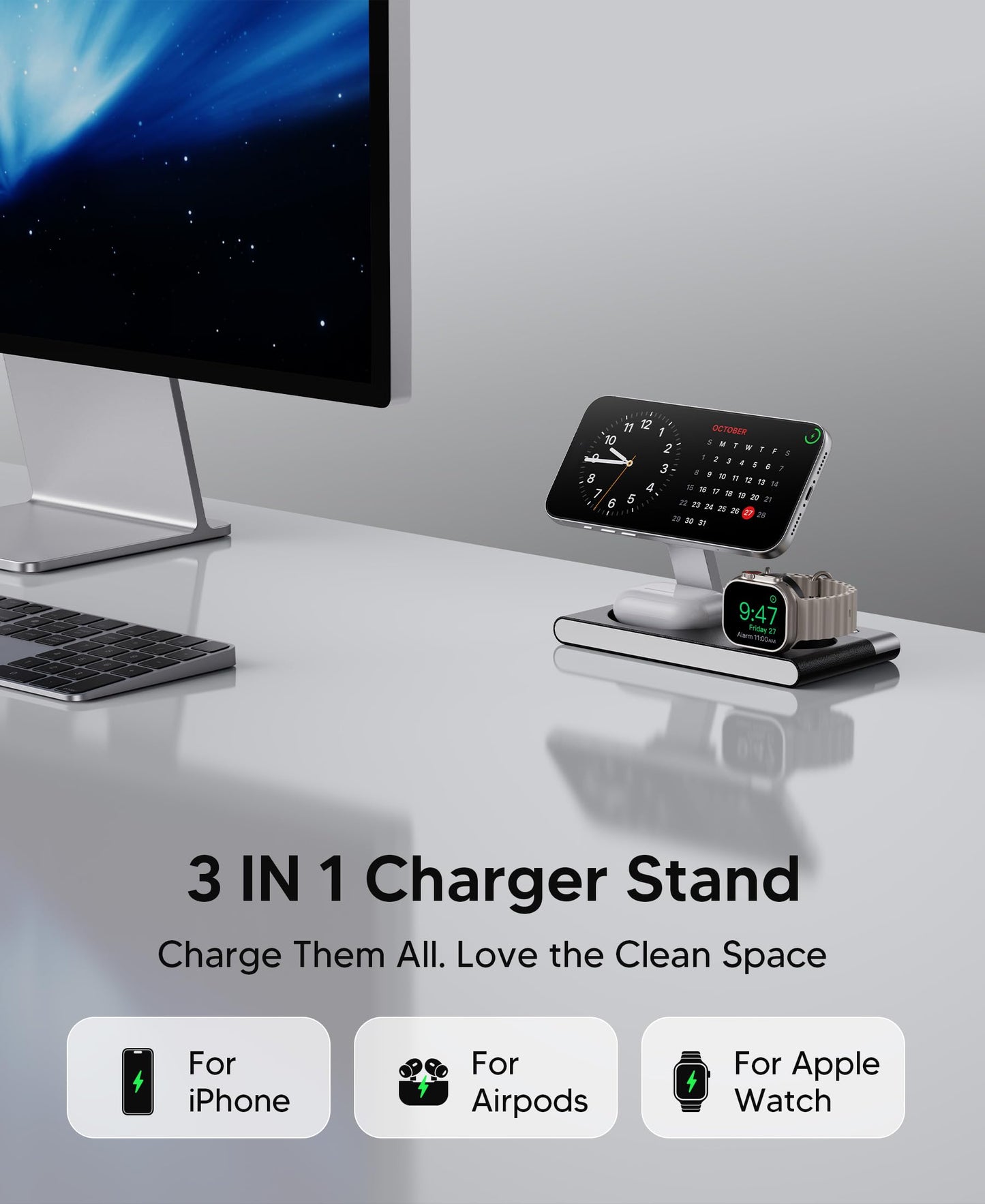 3 in 1 Magnetic Wireless Charging Station for Apple Devices,Foldable Wireless Charger Stand for Magsafe iPhone 17 Air 16/15/14/13/12,Apple Watch,AirPod,Wireless Charger Dock with Night Light
