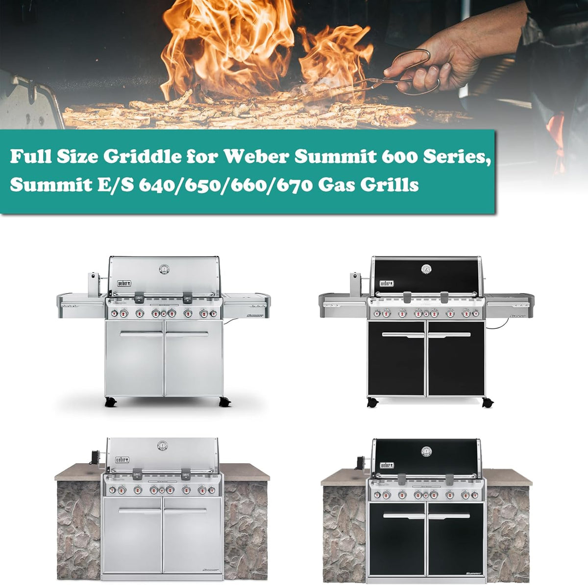Full Size Griddle for Weber Summit 600 Series, Flat Top Griddle for Summit E/S 640/650/660/670 Gas Grills with a Smoker Box, Replacement Parts for Weber 67552