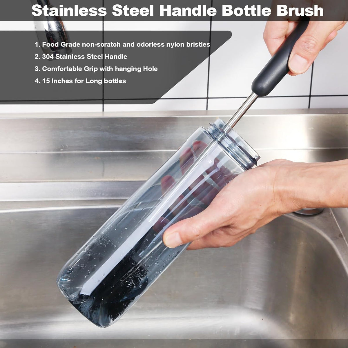 4 Pack Water Bottle Brushes with Straw Cleaner, Stainless Steel Handle Baby Bottle Brush Cleaner, Kitchen Scrub Cleaning Brushes for Cup, Wine Glasses, Coffee Mugs, Tumblers, Wine Decanters, Black