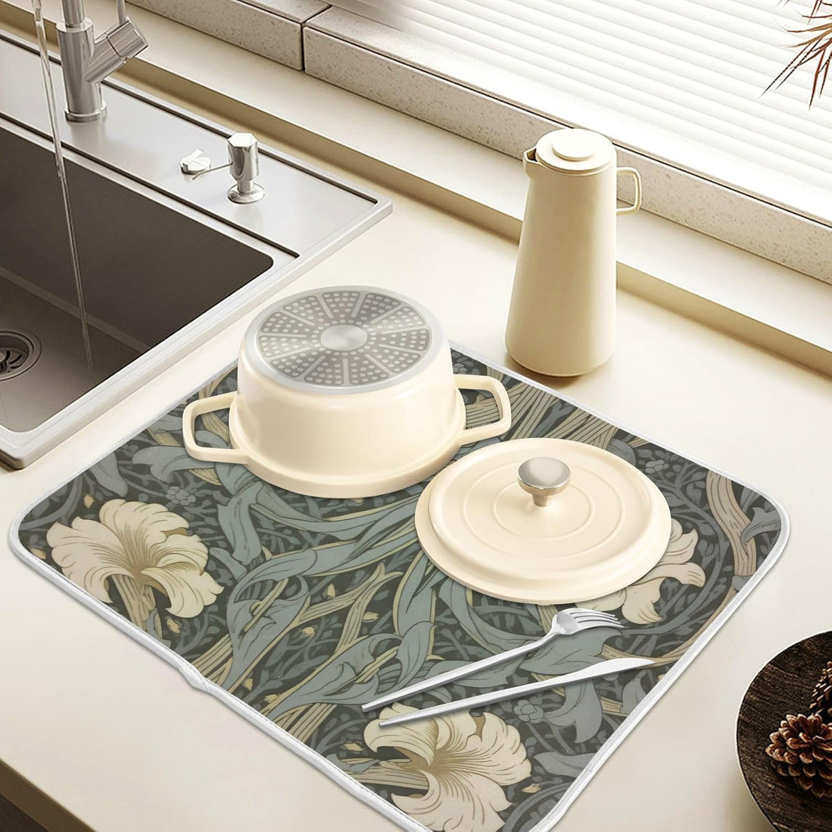 William Morris Flowers Print Dish Drying Mat for Kitchen Counter Absorbent Microfiber Large Drying Pad Dish mats for Kitchen Countertops 18 x 24 Inch