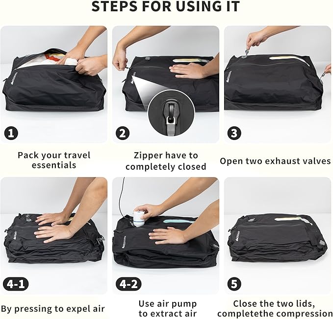 Vacuum Bag for Travel, Professional IPX8 Waterproof Reusable Vacuum Compression Bags for Travel Suitcases, Durable Space Saver Bag(2 PACK,With Pump)