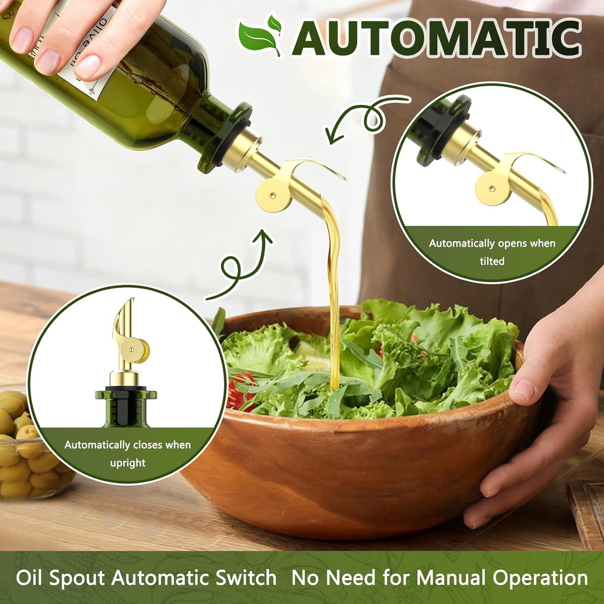 COOLMI Oil Dispenser for Kitchen - 12oz/350ml, Set of 2 Extra Thick Food Grade Glass Olive Oil Dispenser Bottle with Cleaning Brush, Stickers and Funnel (Gold)