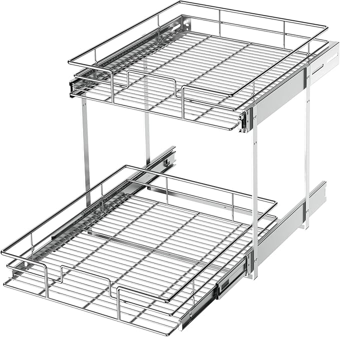 LOVMOR 2 Tier Individual Pull Out Cabinet Organizer 15½" W x 21½" D, Slide Out Kitchen Cabinet Storage Sliding Shelves