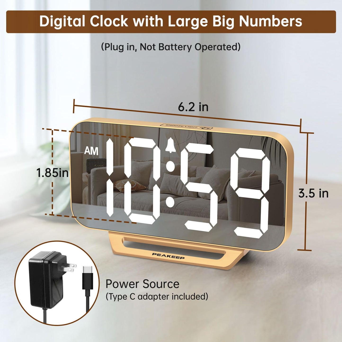 Peakeep Slim Digital Mirror Aesthetic Alarm Clock for Bedrooms Desk Decor